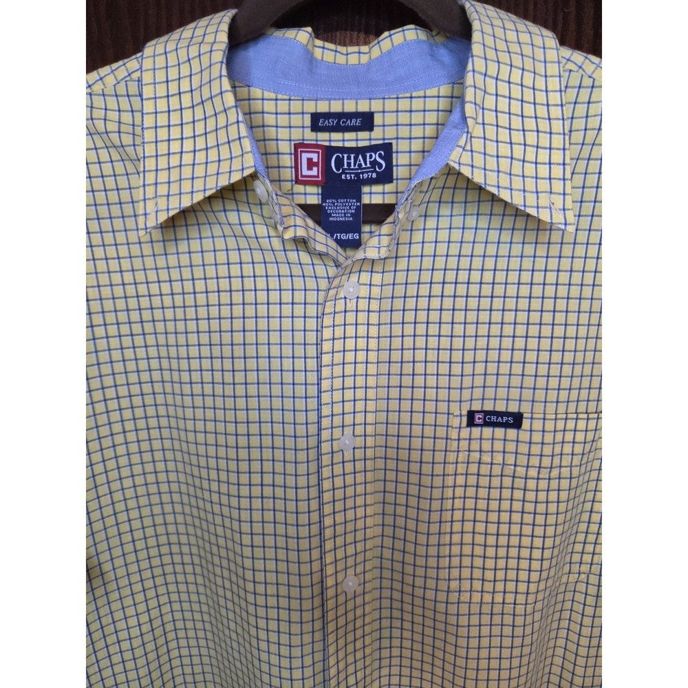Chaps Easy Care Mens Size XL Yellow Navy Plaid Button Down Dress Shirt Preppy - Picture 4 of 10